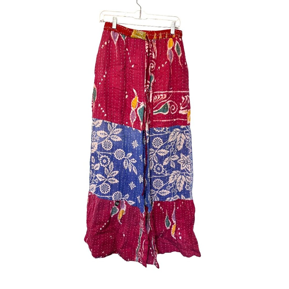 She's 1 OAK Boho Kantha Patchwork Wide-Leg Pants Vibrant Red & Blue O/S